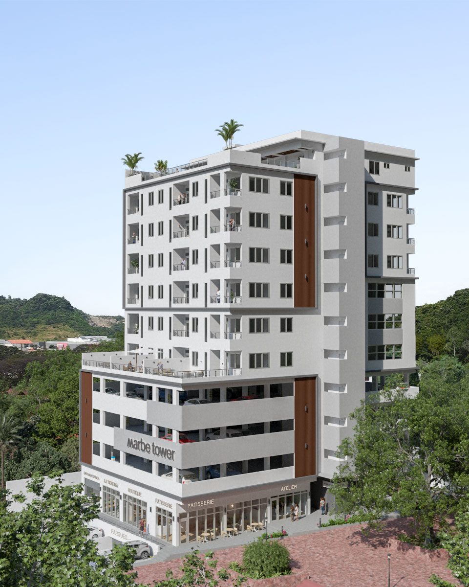 Render del condominio de departamentos, oficinas y locales comerciales, marbe tower en olivos, guayaquil.
